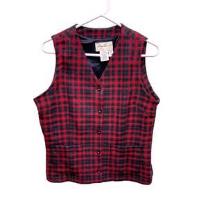 Womens Eddie Bauer 100% Wool Red Black Plaid Vest Size S Dark Academia
